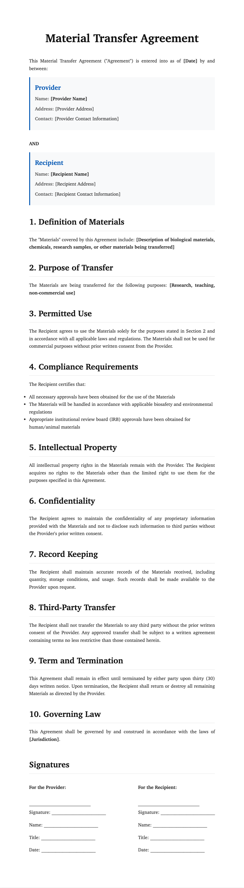 Classic professional material transfer agreement